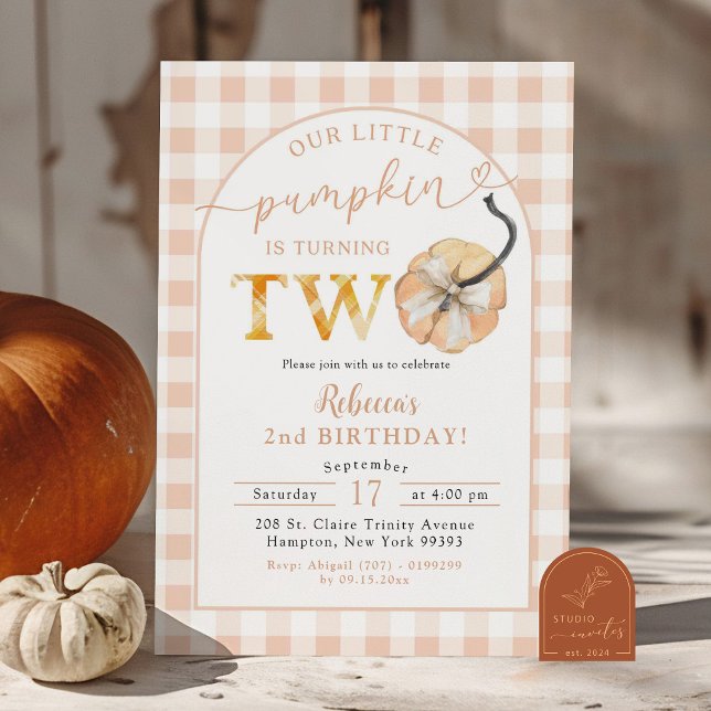 Invitation Citrouille Gingham Orange Élégant 2e Anniversaire (Créateur téléchargé)