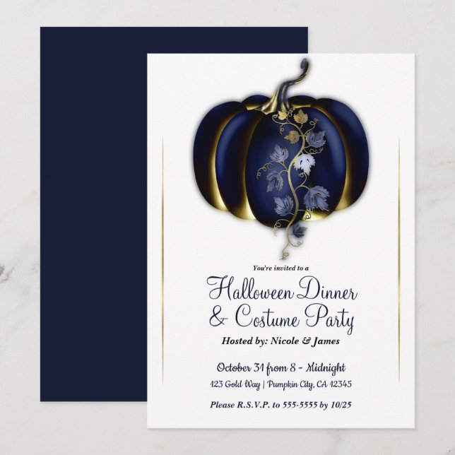 Invitation Citrouille Glamour Or Bleu de Nuit Soirée d'Hallow (Devant / Derrière)