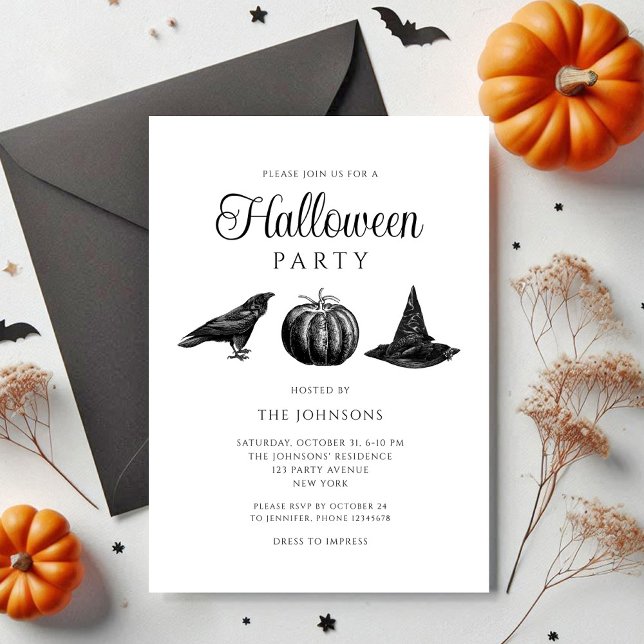 Invitation Citrouille Halloween noir gothique élégant (Elegant Gothic Black Pumpkin Halloween Invitation)