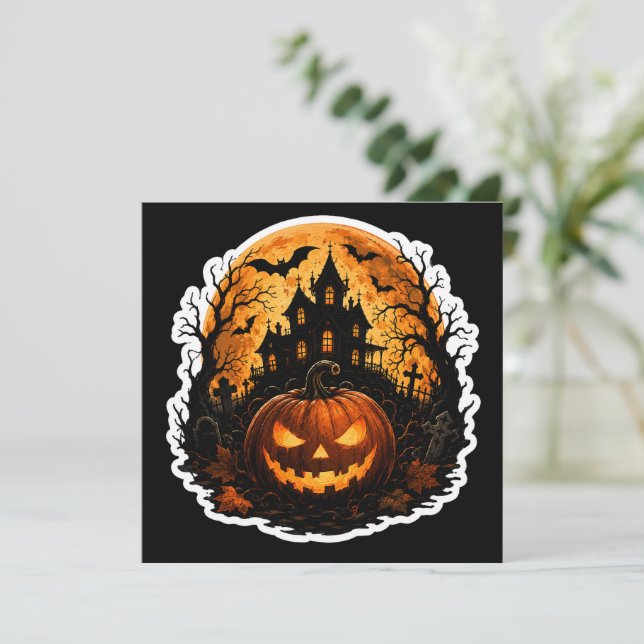 Invitation 🎃 Citrouille Hantée Lune Halloween Autocollant |  (Debout devant)
