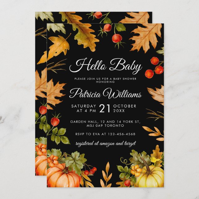 Invitation Citrouille Hello Baby Foliage Baby shower d'automn (Devant / Derrière)