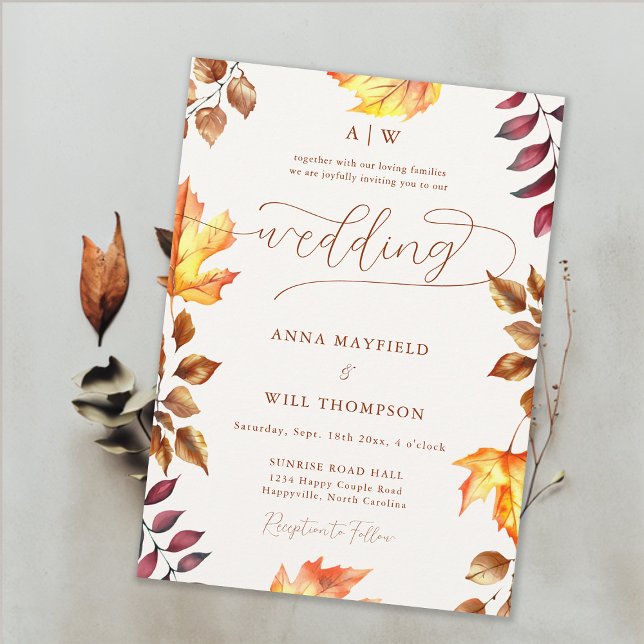 Invitation Citrouille lumineux Autumn Leaf Monogram Crest Mar (Pumpkin Orange Fall Wedding Invitation Autumn Leaves Romantic Calligraphy Elegant Bohemian Monograms)