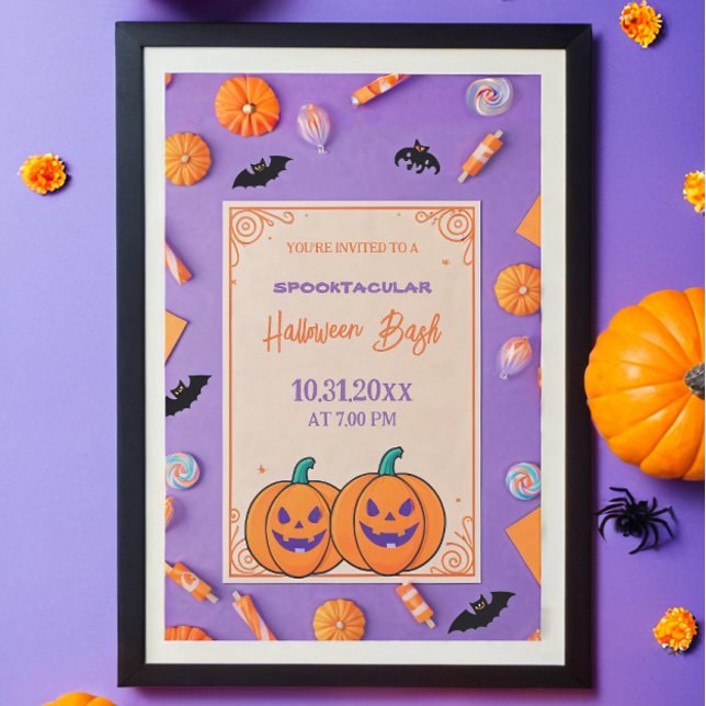 Invitation Citrouille mignon Halloween Bash Orange Purple (Créateur téléchargé)