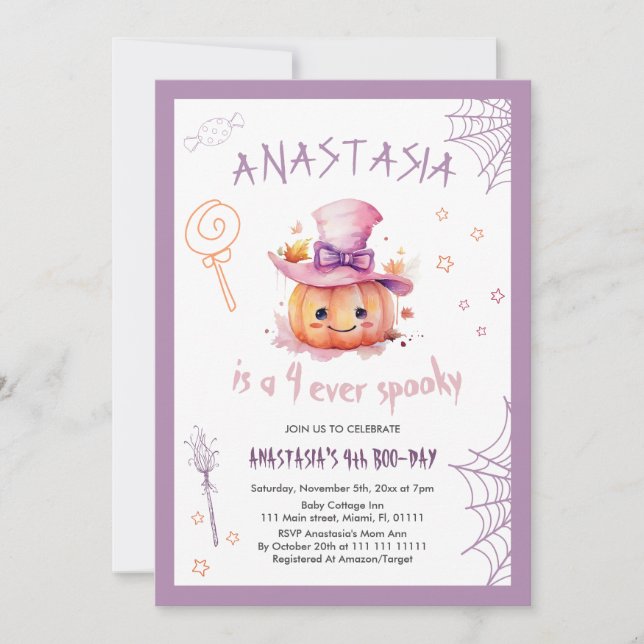 Invitation Citrouille Mignonne Halloween Bébé Fille 4ème Anni (Devant)