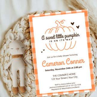 Invitation Citrouille Motif Plaid Sur Son Chemin Baby shower 