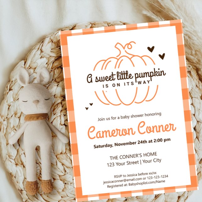 Invitation Citrouille Motif Plaid Sur Son Chemin Baby shower  (Créateur téléchargé)