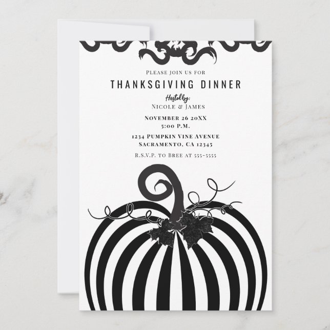 Invitation Citrouille noir blanc rayé Thanksgiving Dîner (Devant)