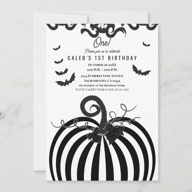 Invitation Citrouille noire et blanche Halloween 1er annivers (Devant)
