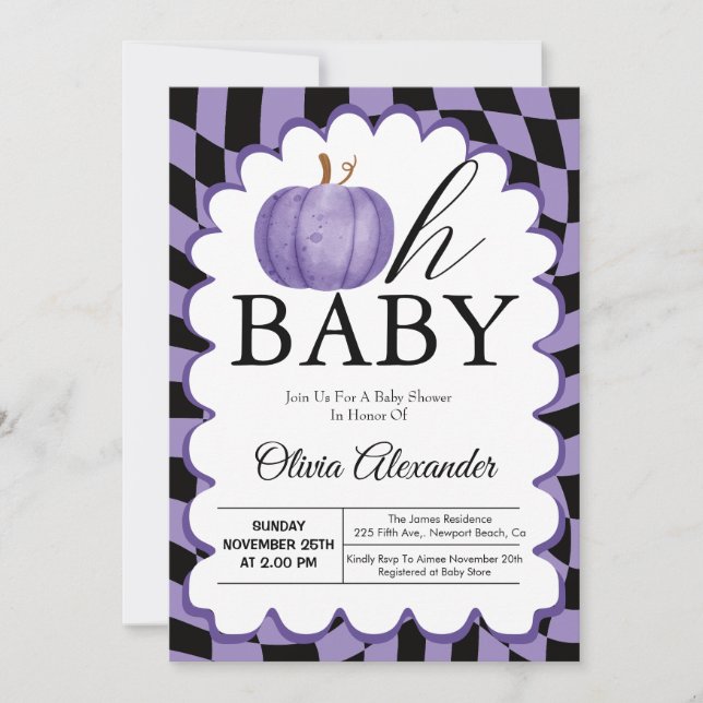 Invitation Citrouille Oh Baby Purple À damiers Baby shower (Devant)