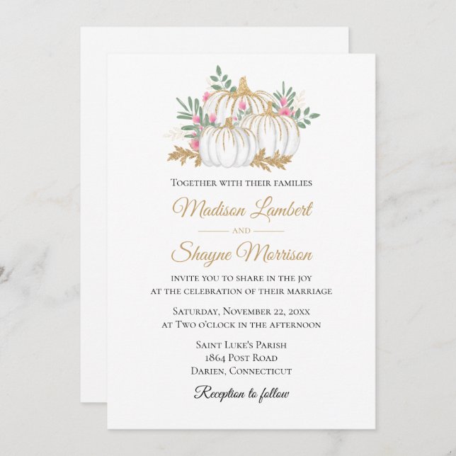 Invitation Citrouille or rose floral élégant Mariage de autom (Devant / Derrière)