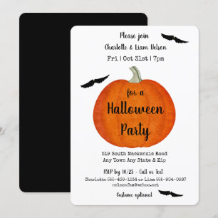 Invitation Citrouille orange et noir et fête d'Halloween Bats