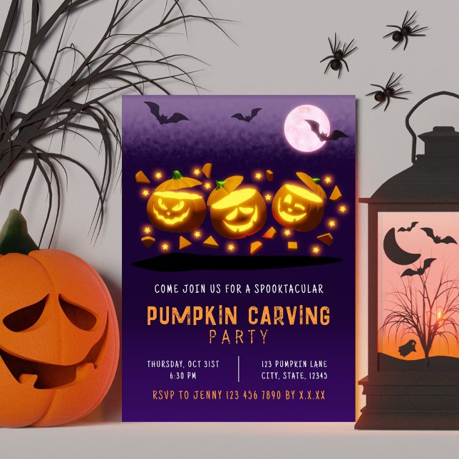 Invitation Citrouille orange et violette pour Halloween effra (Spooky Halloween Pumpkin Carving Orange & Purple Invitation)