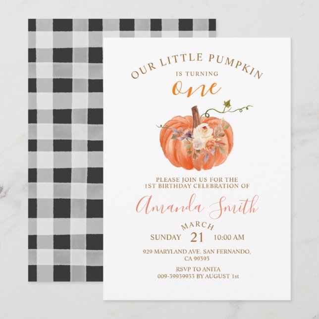 Invitation Citrouille orange fête son premier anniversaire fl (Devant / Derrière)