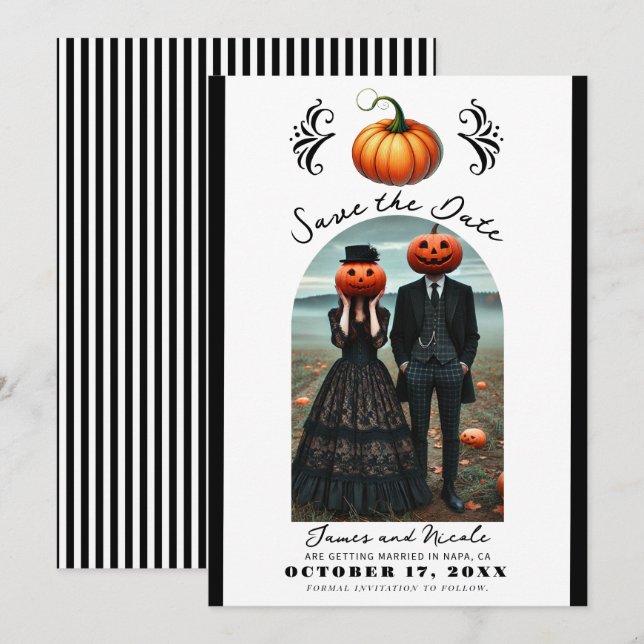 Invitation Citrouille Orange Halloween Automne Photo Date de  (Devant / Derrière)