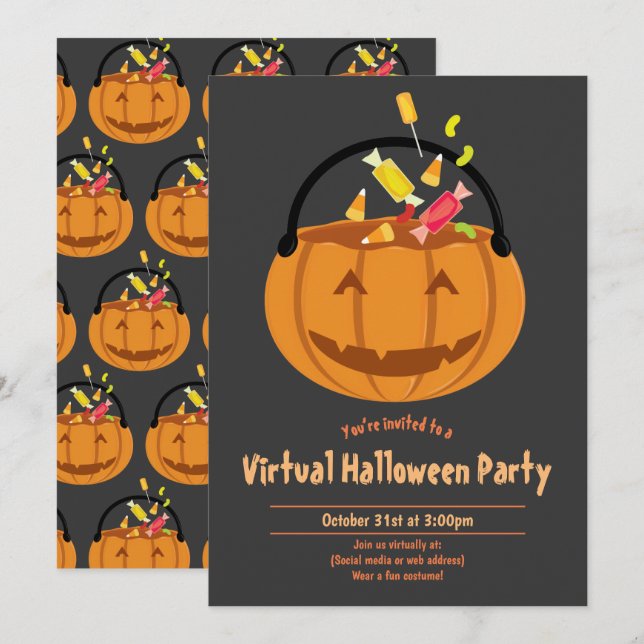 Invitation Citrouille Pail Candy Virtual Halloween Party (Devant / Derrière)