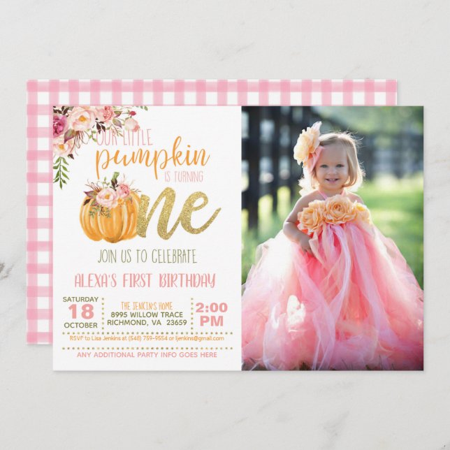 Invitation Citrouille photo d'invitation pour le premier anni (Devant / Derrière)