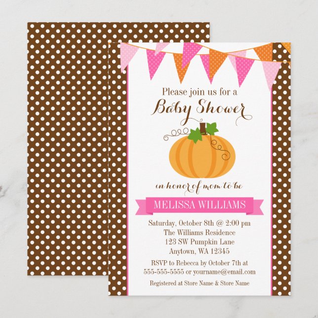 Invitation Citrouille Polka Dot Bunting Girl Baby shower d'au (Devant / Derrière)