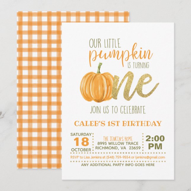 Invitation citrouille pour le premier anniversaire (Devant / Derrière)