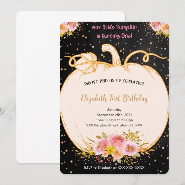 Invitation citrouille pour le premier anniversaire (Devant / Derrière)