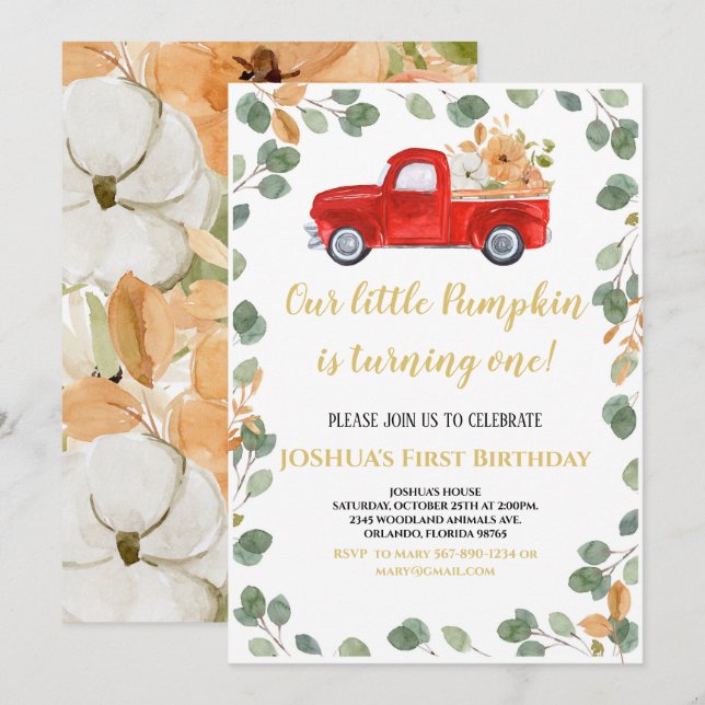 Invitation citrouille pour le premier anniversaire (Devant / Derrière)