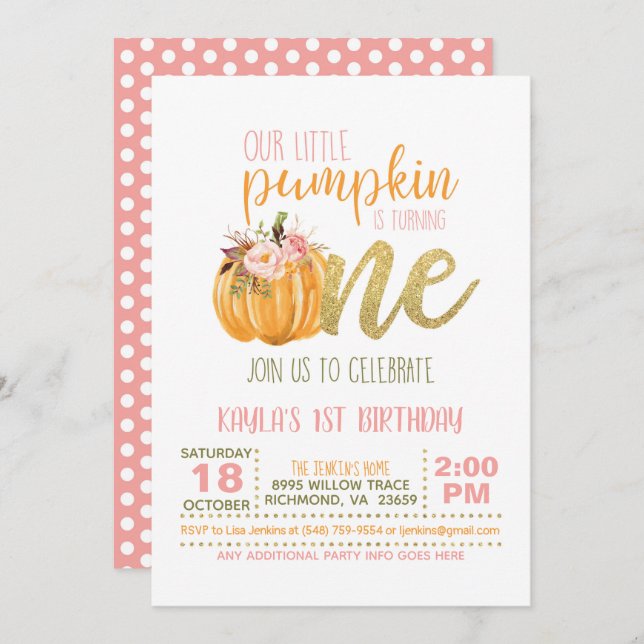 Invitation citrouille pour le premier anniversaire (Devant / Derrière)