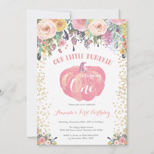 Invitation citrouille premier anniversaire Floral  (Devant)