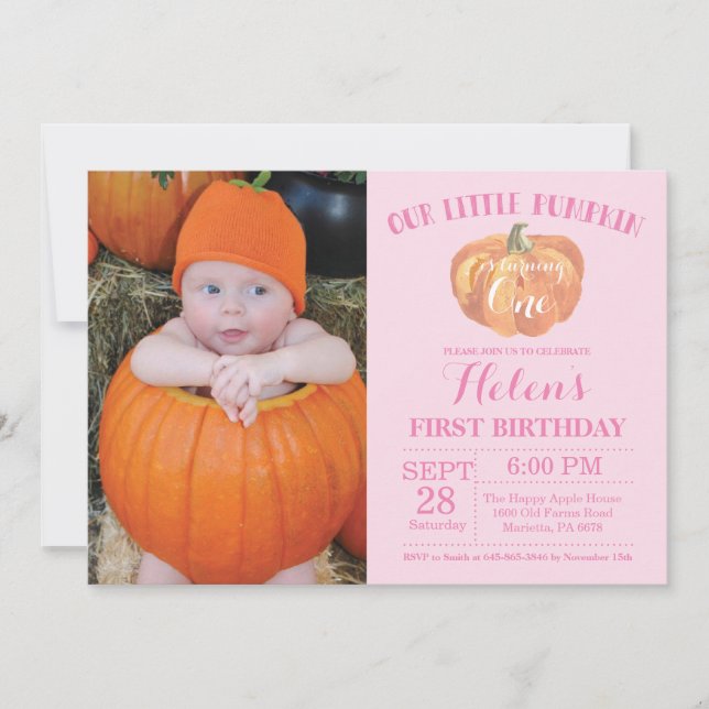 Invitation citrouille premier anniversaire rose (Devant)
