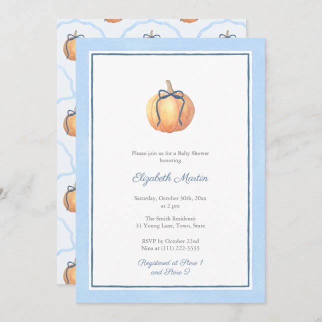 Invitation Citrouille Preppy Avec Baby shower Bleu Bow Pour G (Devant / Derrière)