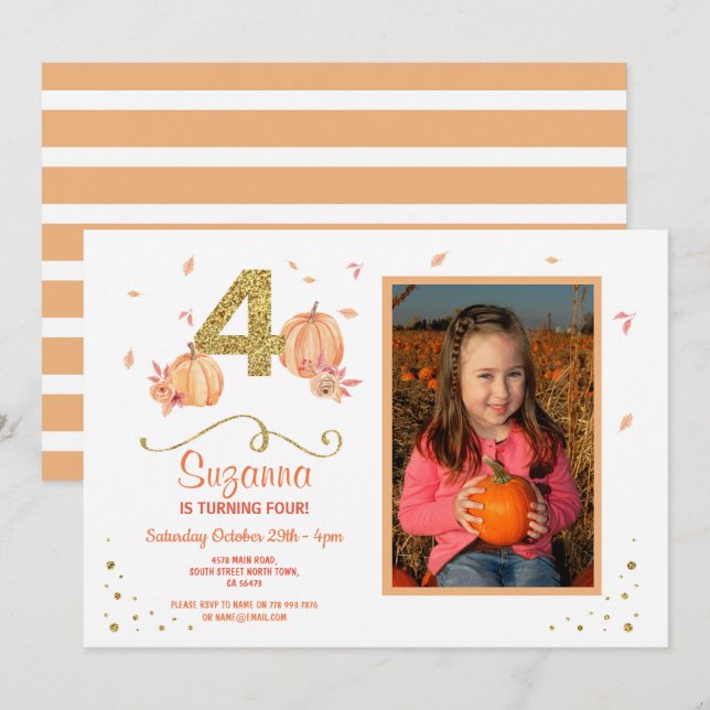 Invitation Citrouille QUATRE Anniversaire 4e Automne Invitati (Devant / Derrière)