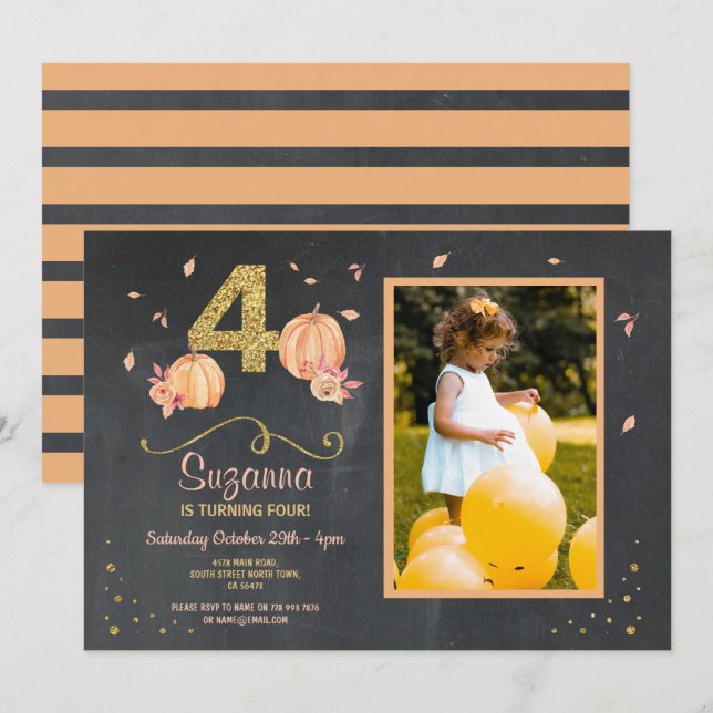 Invitation Citrouille QUATRE Anniversaire 4e Automne Invitati (Devant / Derrière)