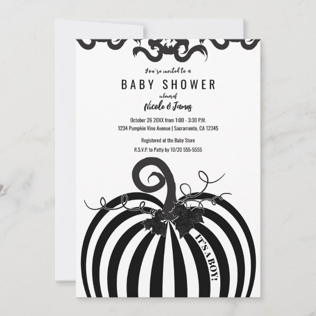 Invitation Citrouille rayé noir et blanc Baby shower d'automn (Devant)