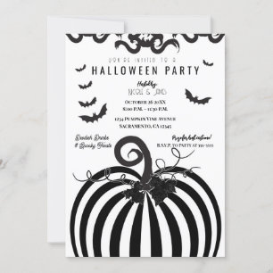 Invitation Citrouille rayée noir et blanc & Chauves-souris Fê