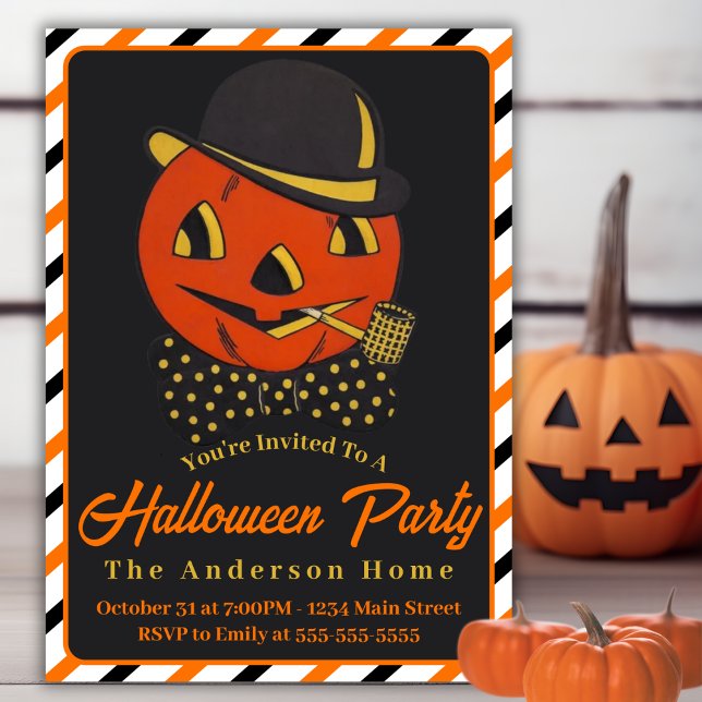 Invitation Citrouille rétro vintage homme avec tuyau Hallowee (Vintage Retro Pumpkin Man with Pipe Halloween Invitation)