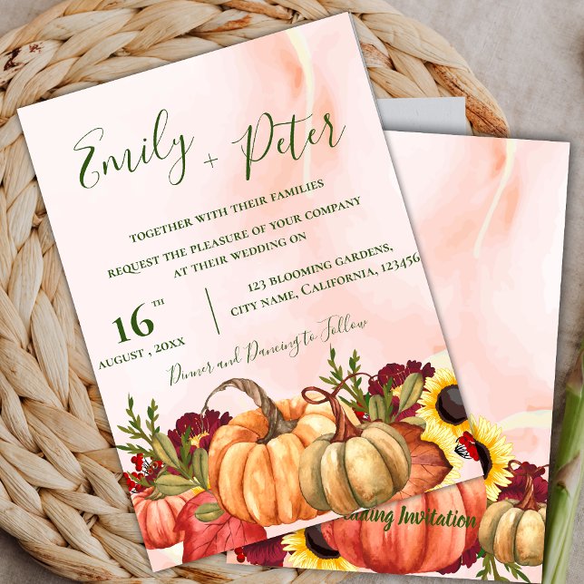 Invitation Citrouille romantique Floral Automne Feuilles Mari (Romantic Pumpkin Floral Autumn Leaves Fall Wedding Invitation)