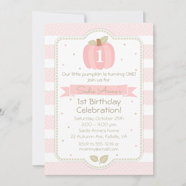 Invitation Citrouille rose 1er anniversaire fille d'automne (Devant)