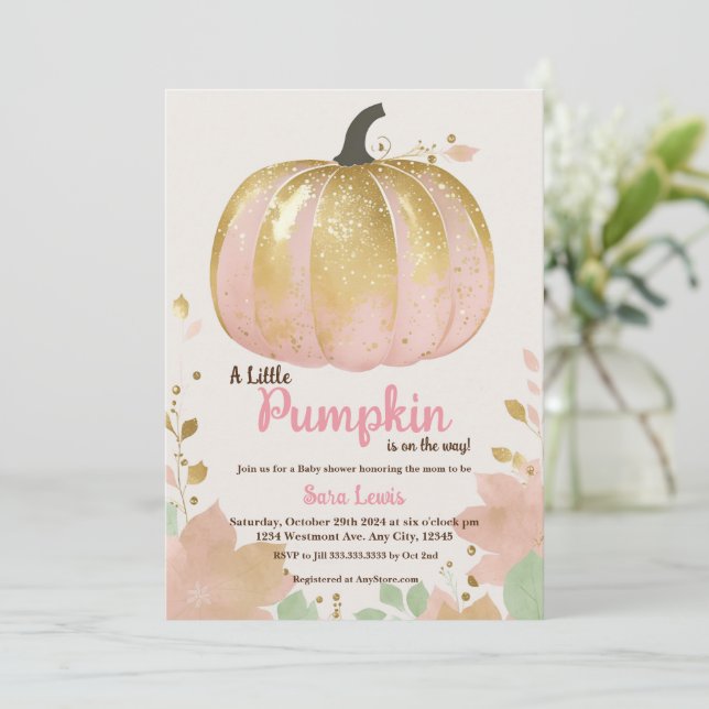 Invitation Citrouille rose automne baby shower citrouille or  (Debout devant)