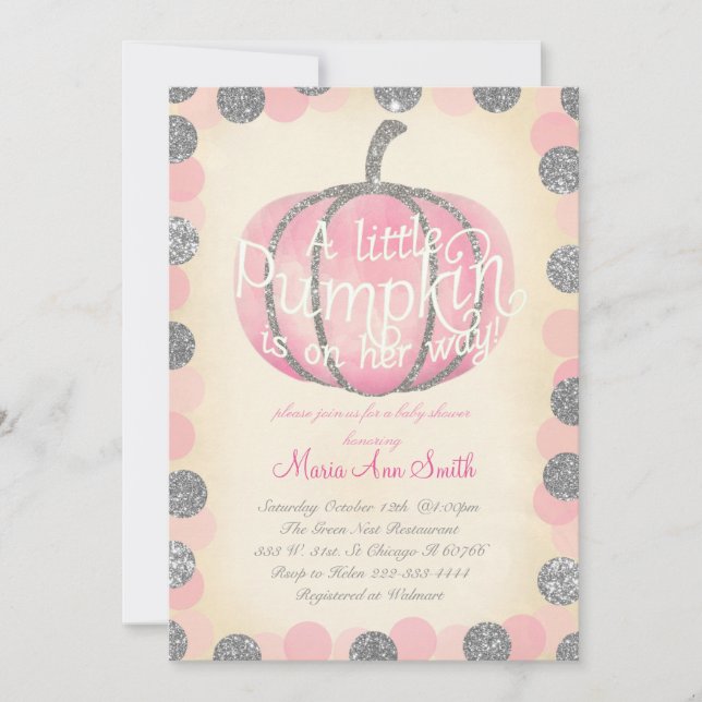 Invitation Citrouille rose automne parties scintillant bébé V (Devant)