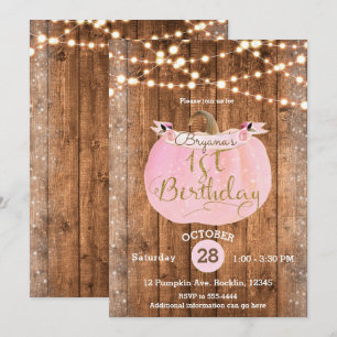Invitation Citrouille Rose Automne Rustique Bois Lumières 1er
