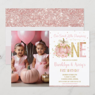Invitation Citrouille rose chic 1er anniversaire Twin Girls P