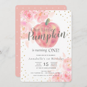Invitation Citrouille rose et aquarelle florale fille 1er ann