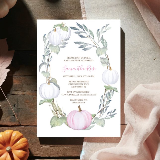 Invitation Citrouille rose et BLANC Baby shower vert Invitati (Girl baby shower pink watercolor pumpkin fall invitations)