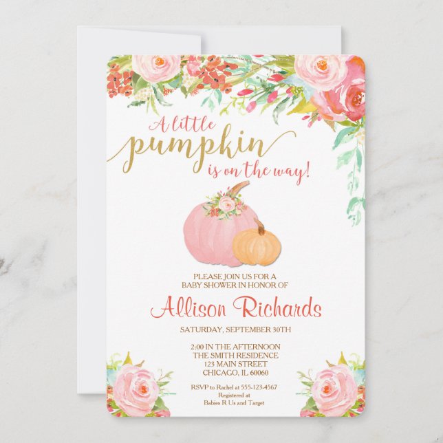 Invitation citrouille rose et or baby shower invitation, auto (Devant)