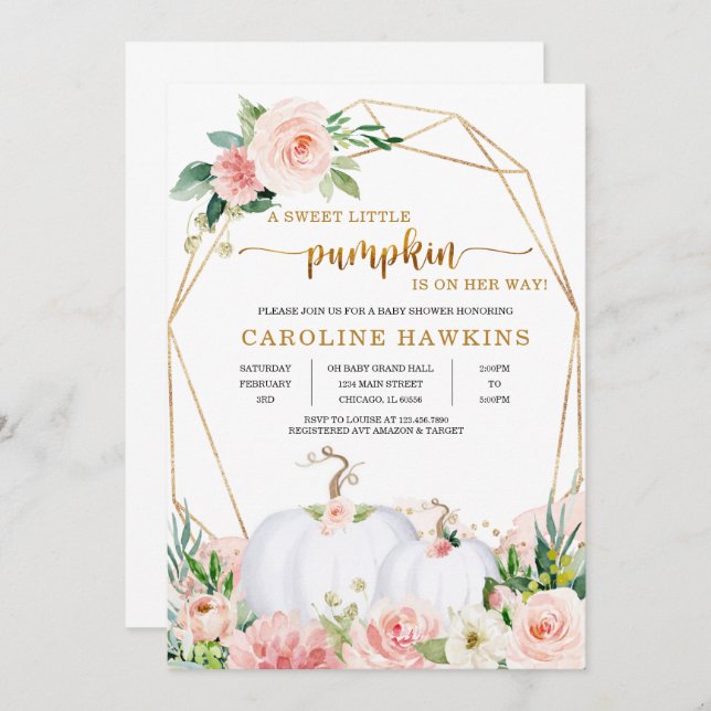 Invitation Citrouille rose et or Floral Baby shower d'automne (Devant / Derrière)