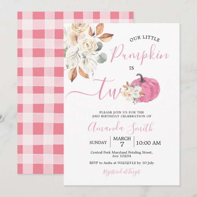 Invitation Citrouille Rose Fardée Automne Amour Est Deux Anni (Devant / Derrière)