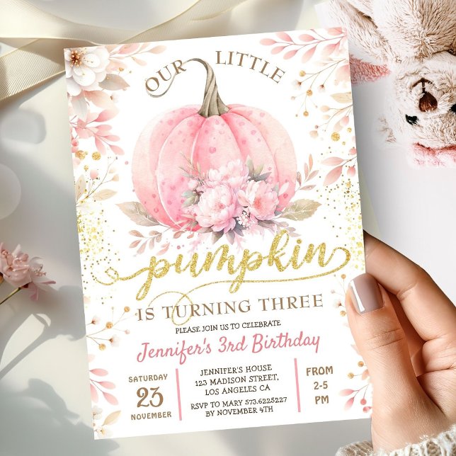 Invitation Citrouille rose Floral Parties scintillant d'or fi (Créateur téléchargé)