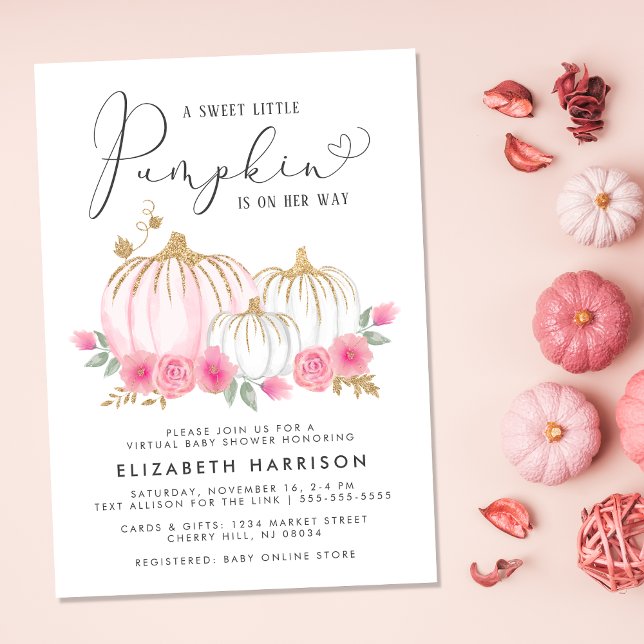 Invitation Citrouille Rose Floral Virtual Baby Girl Douche (Celebrate the upcoming arrival of your autumn baby girl with a pumpkin-themed virtual baby shower)