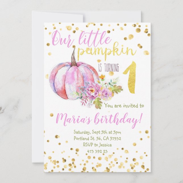 Invitation Citrouille Rose Gold Confetti Fille Anniversaire (Devant)