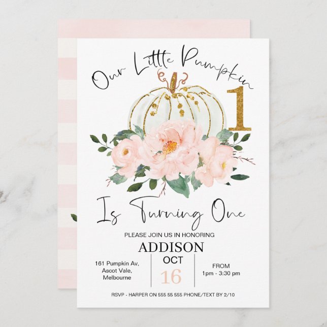 Invitation Citrouille rose or floral 1er anniversaire Invitat (Devant / Derrière)