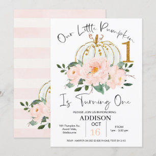 Invitation Citrouille rose or floral 1er anniversaire Invitat