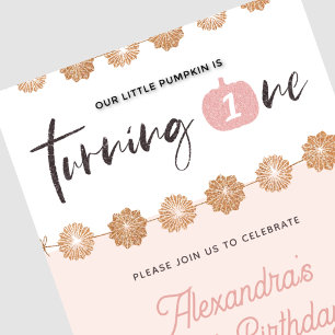 Invitation Citrouille Rose Or Floral Halloween 1er anniversai